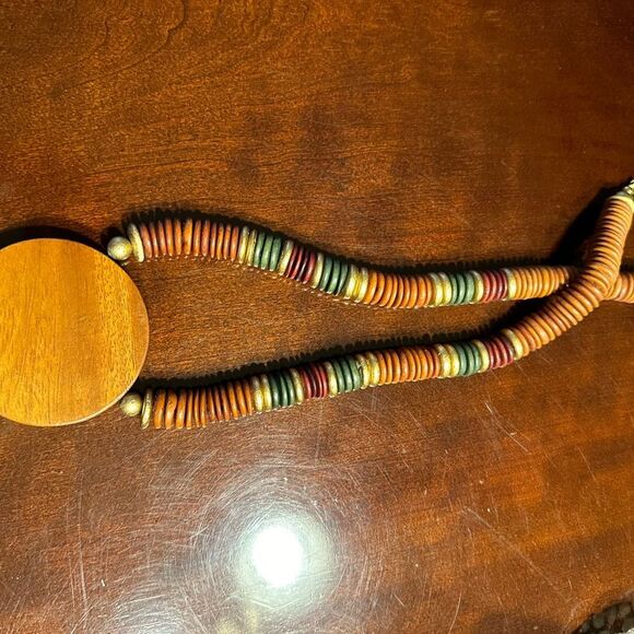 Vintage Wooden Statement stacked necklace with painted artistic design - Picture 4 of 7